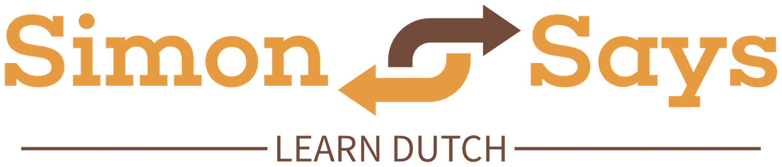 Text: Simon says learn Dutch. A logo with two rounded arrows forming circle